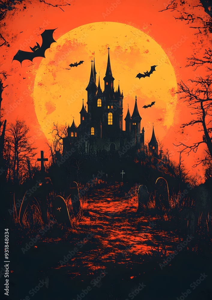 Vector flat design of a haunted castle with bats and a graveyard, illustrated against an orange background perfect for Halloween. Vector flat design of a haunted castle with bats and a graveyard, illustrated against an orange background perfect for Halloween.