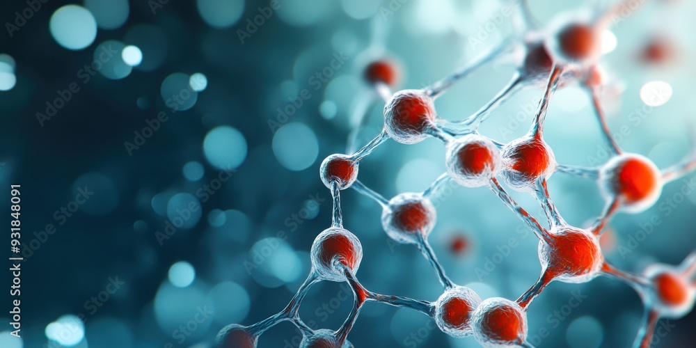 Close-up view of a molecular structure showcasing red and white atoms with a blurred blue background, ideal for scientific themes. Close-up view of a molecular structure showcasing red and white atoms with a blurred blue background, ideal for scientific themes.