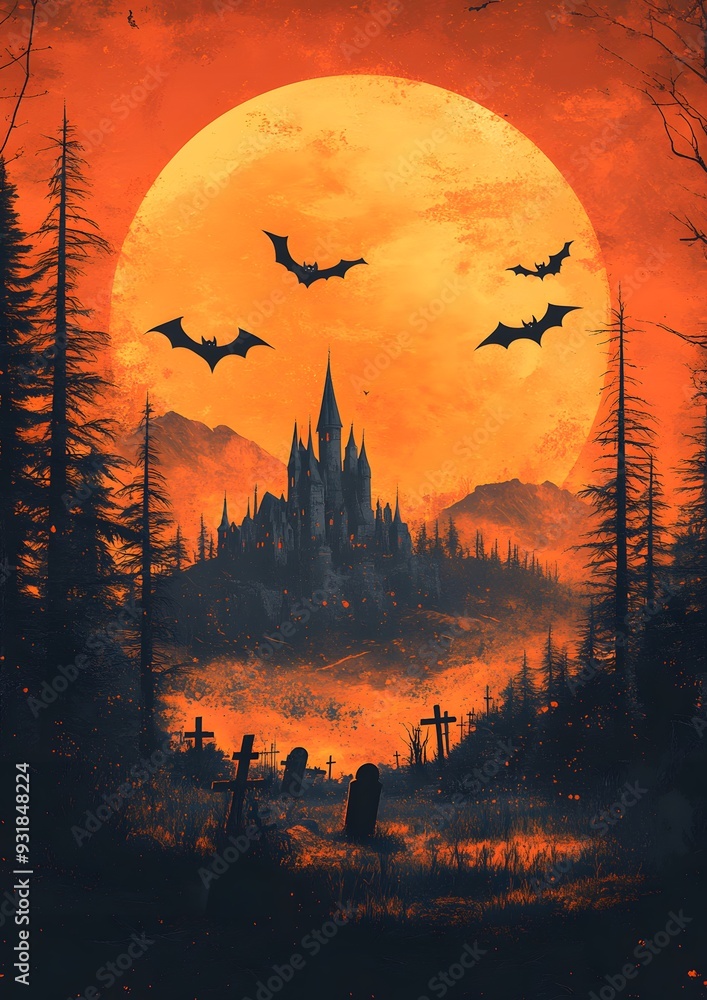 Vector flat design of a haunted castle, flying bats, and a graveyard on a vibrant orange Halloween background. Vector flat design of a haunted castle, flying bats, and a graveyard on a vibrant orange Halloween background.