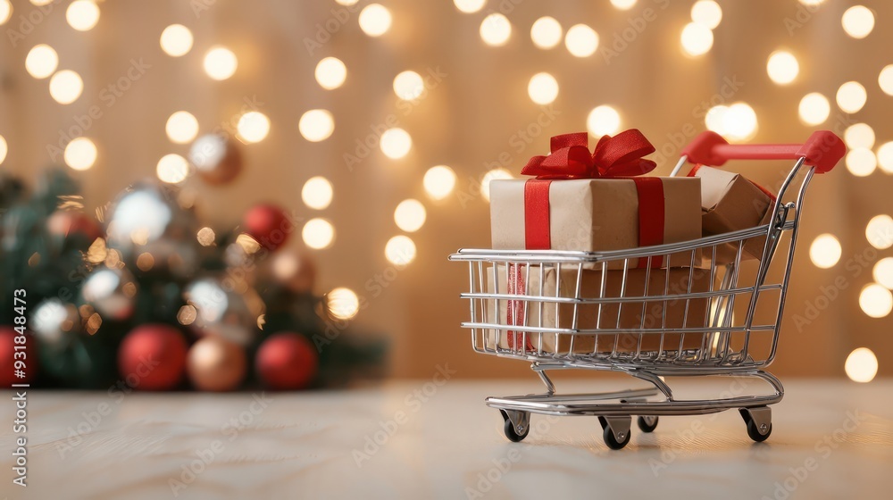 A shopping cart full of presents is sitting on a wooden table. The cart is decorated with a red ribbon and is surrounded by Christmas decorations. The scene conveys a festive and joyful mood A shopping cart full of presents is sitting on a wooden table. The cart is decorated with a red ribbon and is surrounded by Christmas decorations. The scene conveys a festive and joyful mood