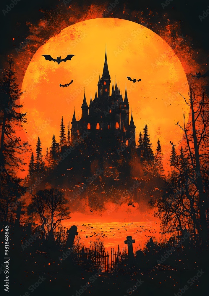 Flat design vector of a haunted castle silhouette with flying bats and a graveyard, set against a bright orange Halloween background. Flat design vector of a haunted castle silhouette with flying bats and a graveyard, set against a bright orange Halloween background.