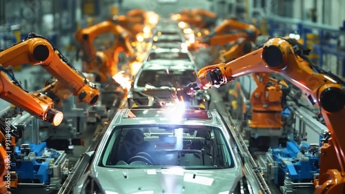 Industrial robots welding car frames in an automotive manufacturing plant.
