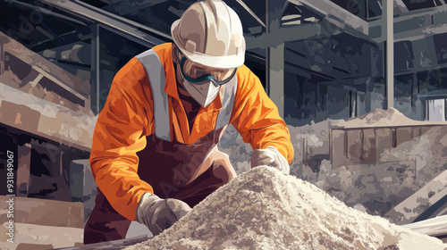 An industrial worker wearing a mask, scooping asbestos powder. Vector illustration.