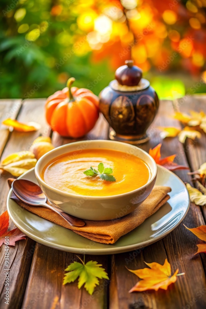 Crema de calabaza servida en un entorno otoñal rústico, decorada con hojas caídas y acompañada de un recipiente de cerámica. Crema de calabaza servida en un entorno otoñal rústico, decorada con hojas caídas y acompañada de un recipiente de cerámica.