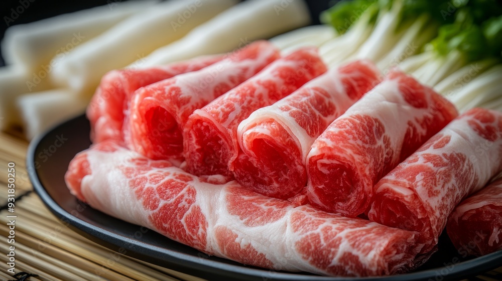 Freshly sliced meat arranged on a plate, perfect for hot pot, showcasing tenderness and marbling for delicious meals. Freshly sliced meat arranged on a plate, perfect for hot pot, showcasing tenderness and marbling for delicious meals.