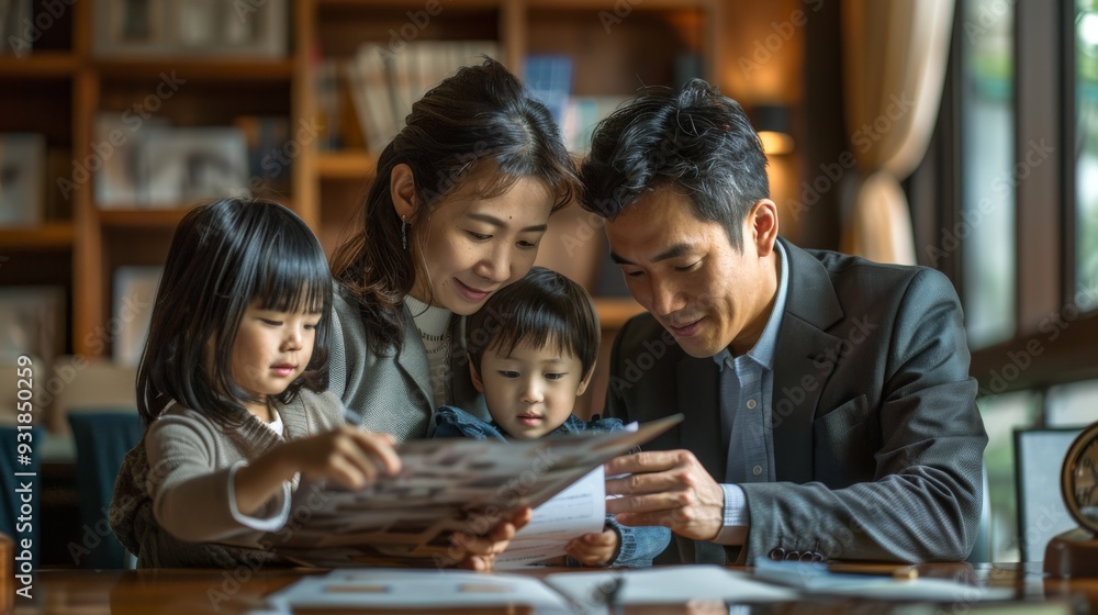 A family discussing accident insurance with an agent using brochure