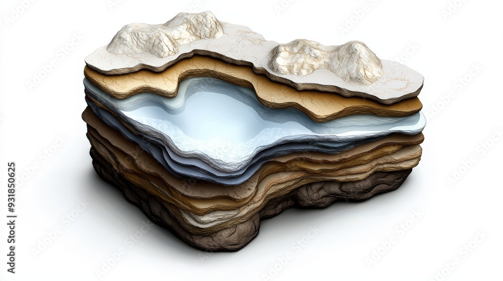A detailed cross section of a mountain, showing layers of rock, soil, and underground water sources A detailed cross section of a mountain, showing layers of rock, soil, and underground water sources