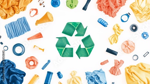 flat lay composition featuring various items with a green recycling logo, including colorful cloth and plastic trash on a white background, emphasizing sustainability in fashion photo