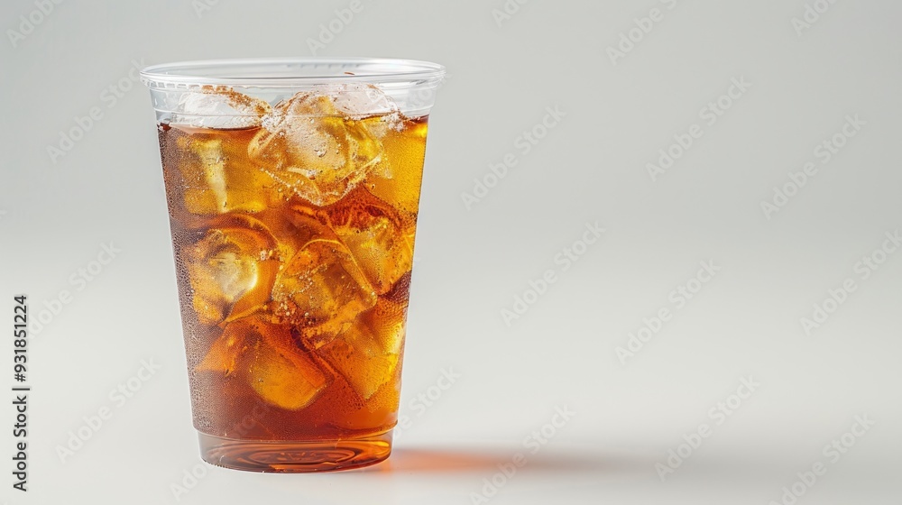 Refreshing iced drink in a clear cup with ice cubes, perfect for hot days or summer beverages. Refreshing iced drink in a clear cup with ice cubes, perfect for hot days or summer beverages.