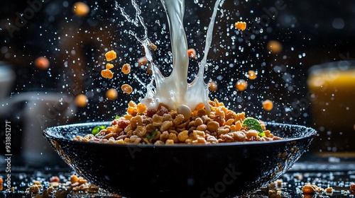 An elegant presentation of a pour of milk over a bowl of vibrant sugary breakfast cereals, with a splash effect and high gloss on the milk Camera lens 50mm studio shot for Hi-end advertising Stock