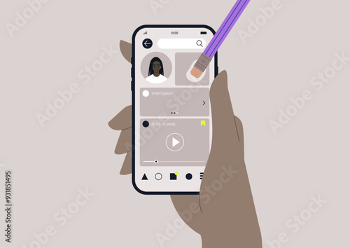A hand holds a smartphone displaying a social media interface, as a stylus erases elements from the screen, showcasing digital creativity