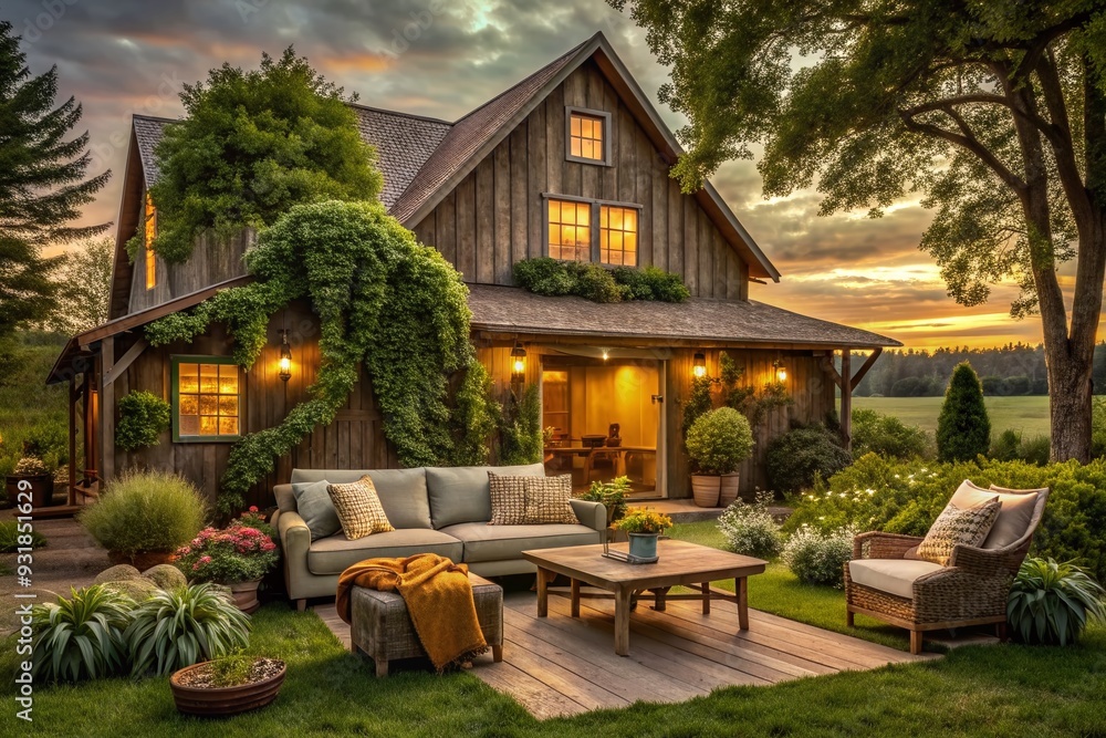 Rustic Farmhouse Oasis: Cozy, inviting, natural textures, warm colors, lush greenery Rustic Farmhouse Oasis: Cozy, inviting, natural textures, warm colors, lush greenery