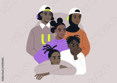 Five African teenagers bond closely, showcasing their unique styles and joyful spirit in a creative group portrait that captures friendship and youth in an artistic expression of connection