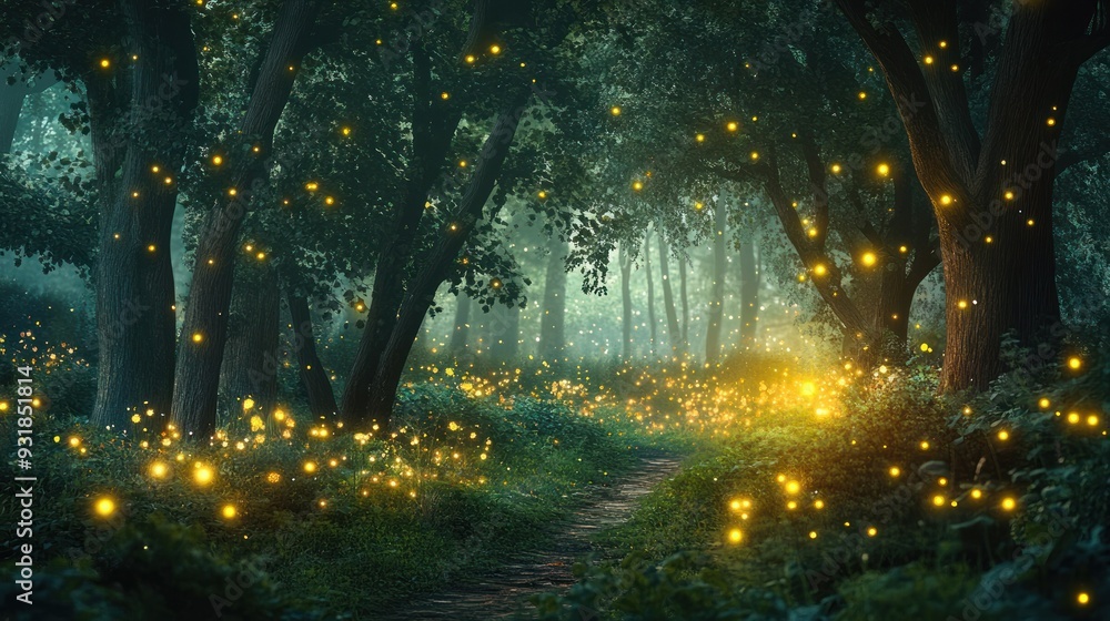 Obraz premium Enchanted Forest Path Illuminated by Fireflies