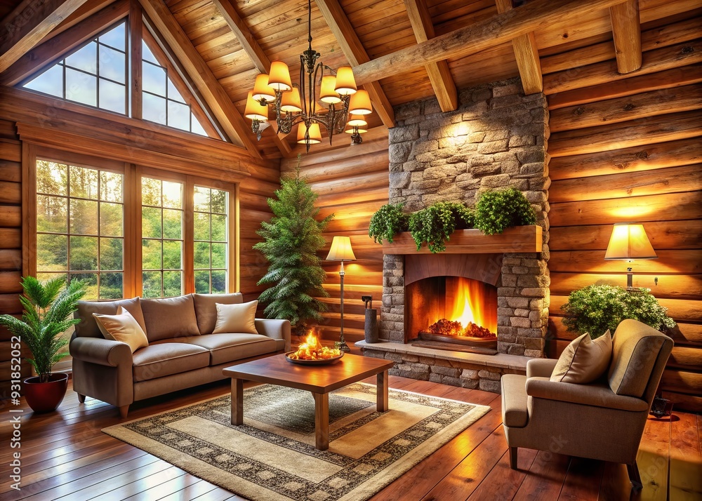 Rustic Woodland Hideaway: Log cabin, fireplace, wood paneling, warm lighting, nature-inspired decor Rustic Woodland Hideaway: Log cabin, fireplace, wood paneling, warm lighting, nature-inspired decor