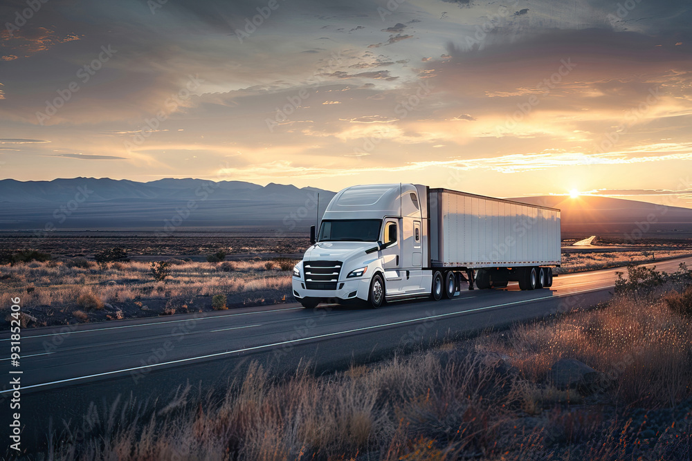 White semi-truck delivers freight at sunset White semi-truck delivers freight at sunset