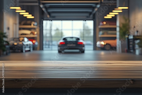 Empty wooden table with car garages background