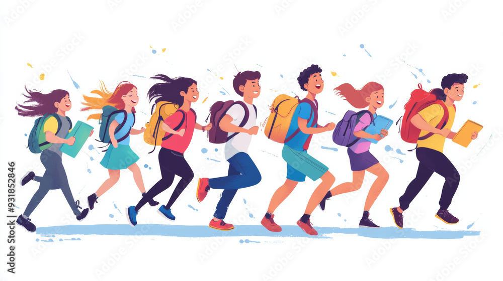 Back to school, college, or university. Vector illustration of schoolchildren and students running towards their studies. Ideal for a poster, cover, or banner, featuring teenagers for the background. Back to school, college, or university. Vector illustration of schoolchildren and students running towards their studies. Ideal for a poster, cover, or banner, featuring teenagers for the background.