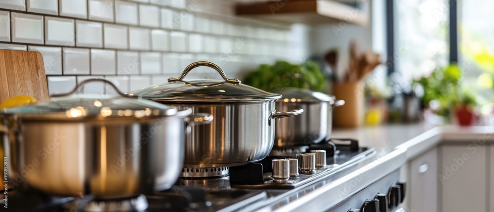Stainless Steel Pots on a Modern Gas Stovetop in a Kitchen Stainless Steel Pots on a Modern Gas Stovetop in a Kitchen