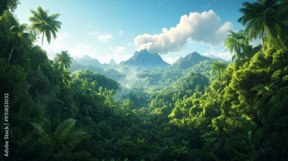 Obraz premium A prehistoric landscape featuring a dense jungle with towering ferns, palm trees, and volcanic mountains in the distance, with smoke rising from a distant volcano