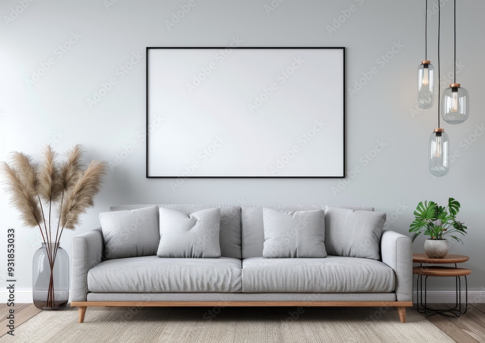 empty rectangle frame mockup in white, placed on the wall of a living room with a sofa and coffee table