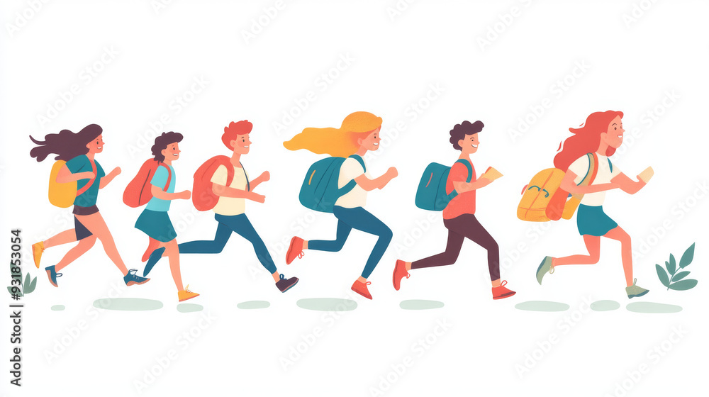 Back to school, college, or university. Vector illustration of schoolchildren and students running towards their studies. Ideal for a poster, cover, or banner, featuring teenagers for the background. Back to school, college, or university. Vector illustration of schoolchildren and students running towards their studies. Ideal for a poster, cover, or banner, featuring teenagers for the background.