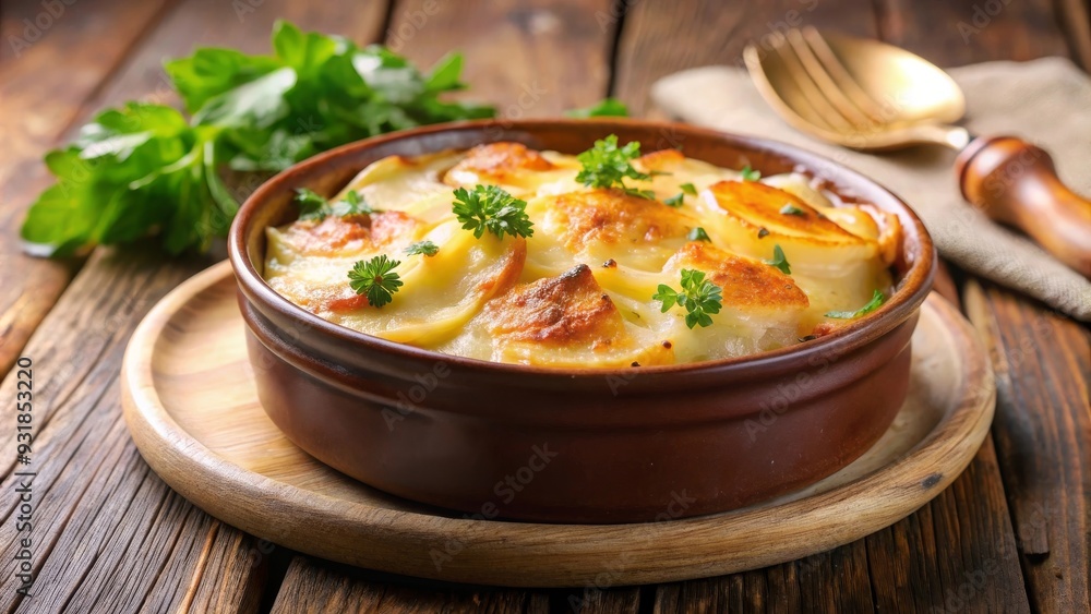 Gratinado de papas dorado, servido en una cazuela de barro sobre una mesa de madera rústica, decorado con perejil fresco. Un acompañamiento clásico y sabroso. Gratinado de papas dorado, servido en una cazuela de barro sobre una mesa de madera rústica, decorado con perejil fresco. Un acompañamiento clásico y sabroso.