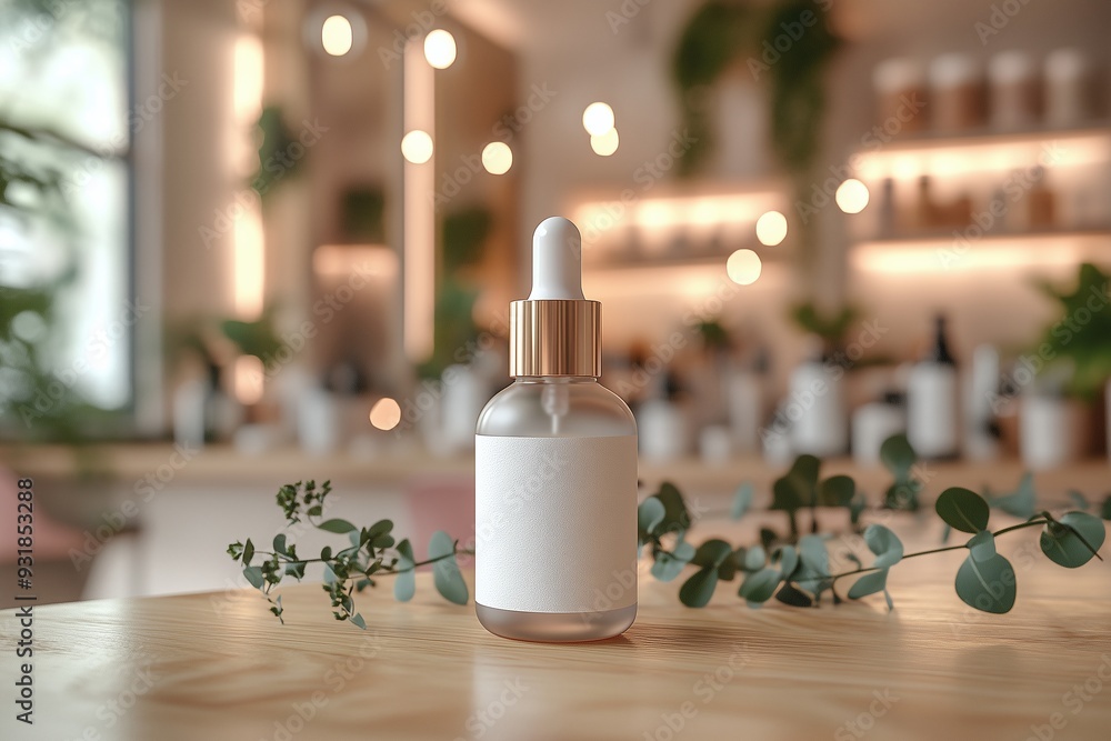 mock up serum bottle on table with blurred cosmetics store background mock up serum bottle on table with blurred cosmetics store background