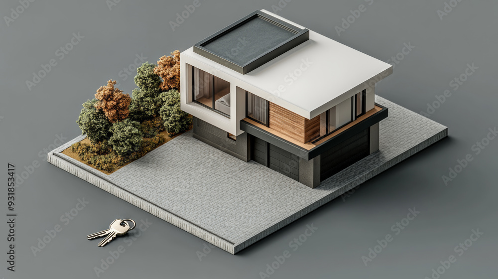 3D render of a modern house model isolated on simple background, with 2 keys 3D render of a modern house model isolated on simple background, with 2 keys