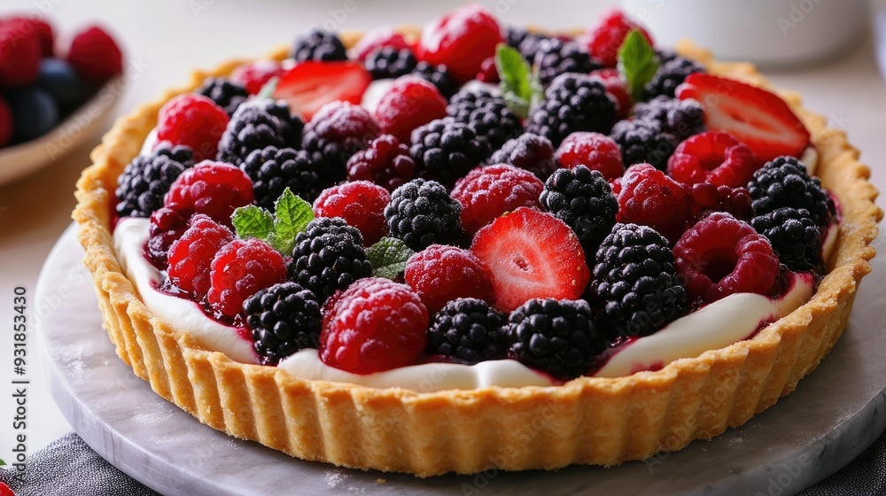 A berry tart with a golden crust, filled with cream and topped with a variety of fresh berries A berry tart with a golden crust, filled with cream and topped with a variety of fresh berries