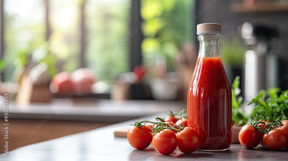 A bottle of ketchup with fresh tomatoes on a kitchen counter A bottle of ketchup with fresh tomatoes on a kitchen counter