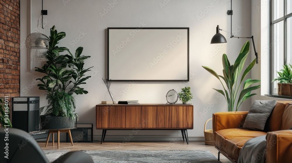 Modern Living Room Interior with a Blank Canvas and Wooden Cabinet Modern Living Room Interior with a Blank Canvas and Wooden Cabinet