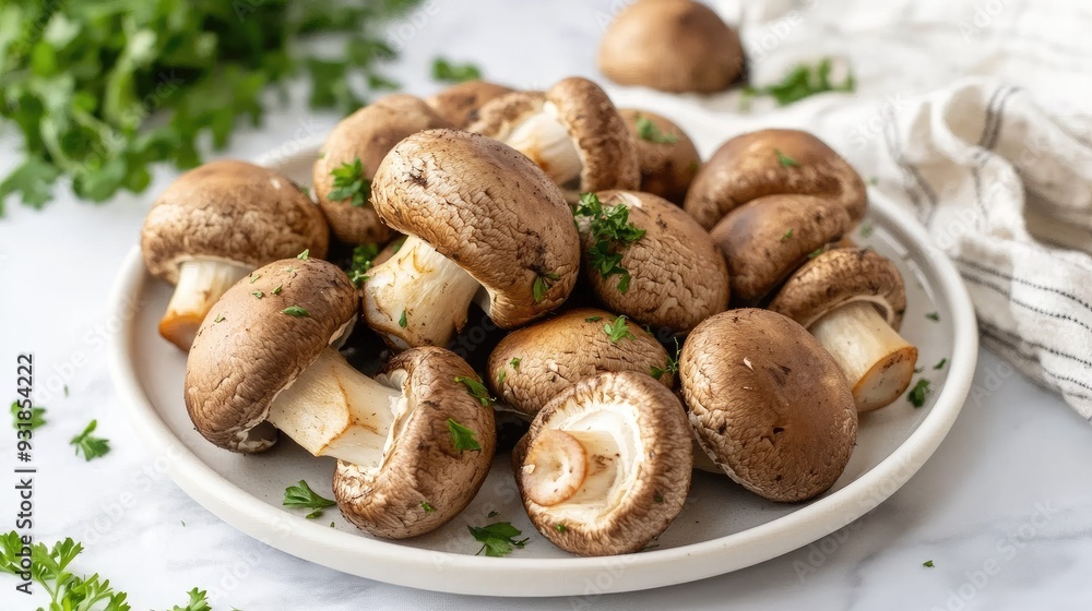 A clean and modern presentation of shiitake mushrooms on a white plate, with a simple napkin beside A clean and modern presentation of shiitake mushrooms on a white plate, with a simple napkin beside