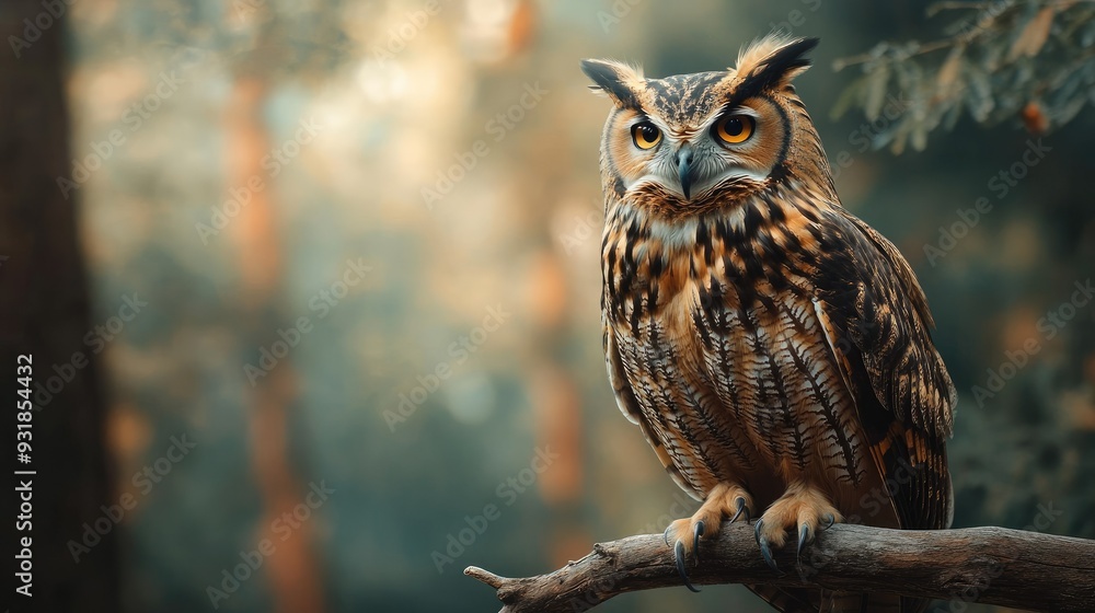 A close-up of a brown owl perched on a branch, with its feathers blending into the forest background A close-up of a brown owl perched on a branch, with its feathers blending into the forest background