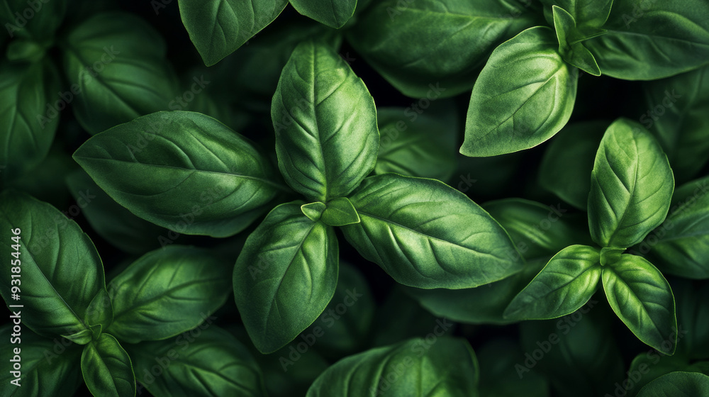 Basil leaves viewed from above, with soft light filling the frame. Basil leaves viewed from above, with soft light filling the frame.