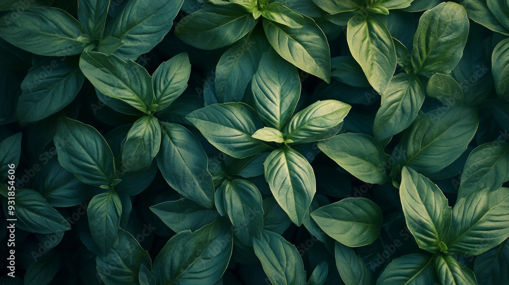 Basil leaves viewed from above, with soft light filling the frame. Basil leaves viewed from above, with soft light filling the frame.