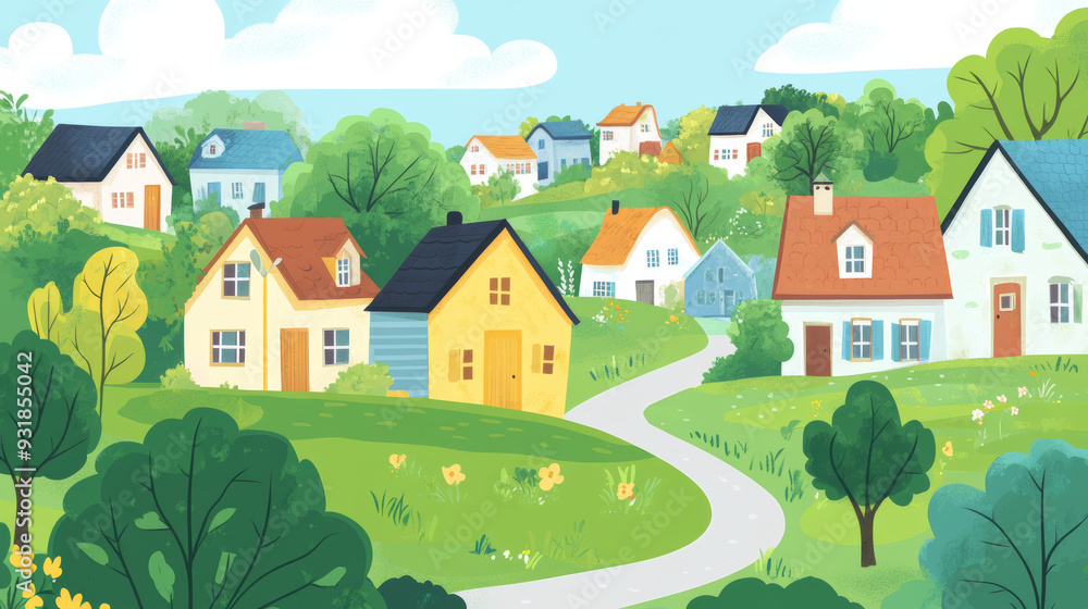 Country landscape featuring summer and nature elements. Vector illustrations of a village, town, farm, rural house, city, street, and bushes, ideal for posters, backgrounds, or banners. Country landscape featuring summer and nature elements. Vector illustrations of a village, town, farm, rural house, city, street, and bushes, ideal for posters, backgrounds, or banners.