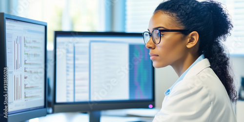 Doctor in a lab coat, glasses; Mixed race;  female looking carefully at a monitor, a woman in medicine examining health data, hospital staff background. medical profession - natural light, daytime photo