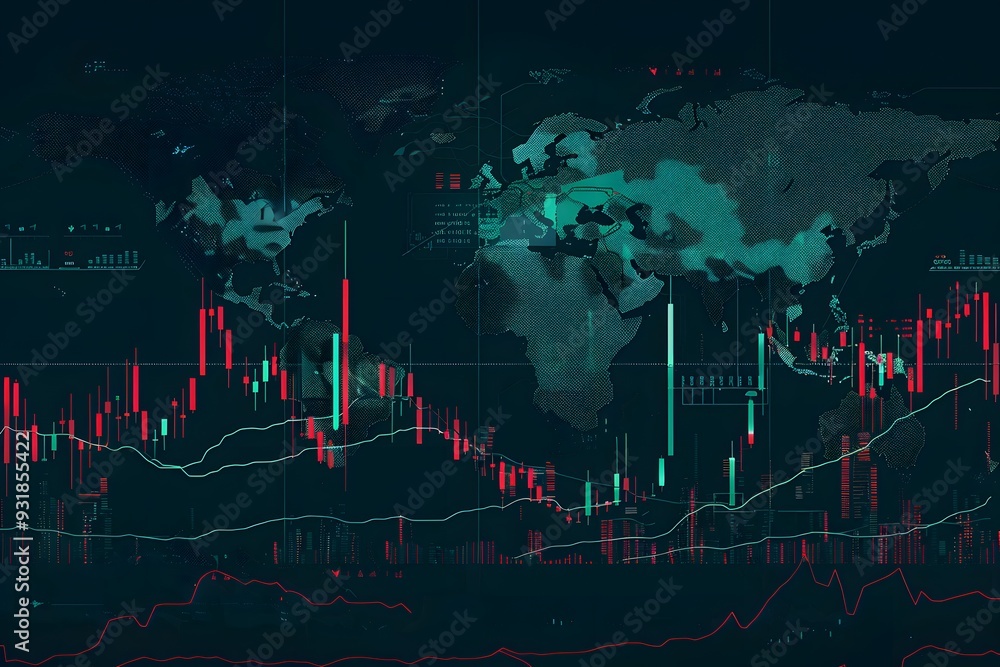A stock market candlestick chart with green and red candles on a black background, representing the concept of world global trade and finance A stock market candlestick chart with green and red candles on a black background, representing the concept of world global trade and finance