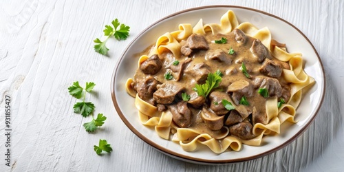 Plato de pasta con salsa cremosa de champiñones frescos, decorado con perejil y servido en un entorno minimalista. Un plato sabroso y cálido, ideal para una comida reconfortante. photo