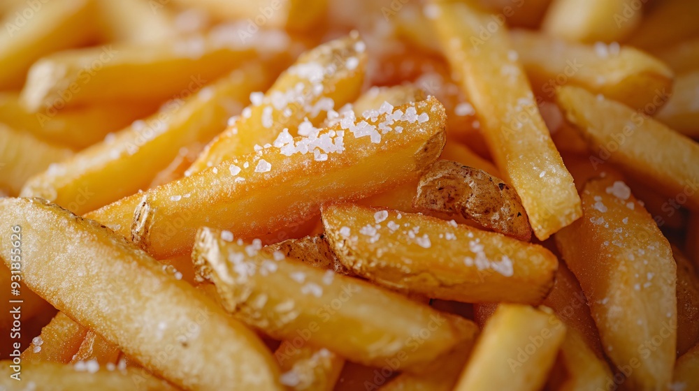A close-up shot of golden crispy French fries perfectly stacked on a wooden board with a sprinkle of sea salt highlighting the texture and crispiness of the fries Camera lens 50mm Stock Photo with A close-up shot of golden crispy French fries perfectly stacked on a wooden board with a sprinkle of sea salt highlighting the texture and crispiness of the fries Camera lens 50mm Stock Photo with