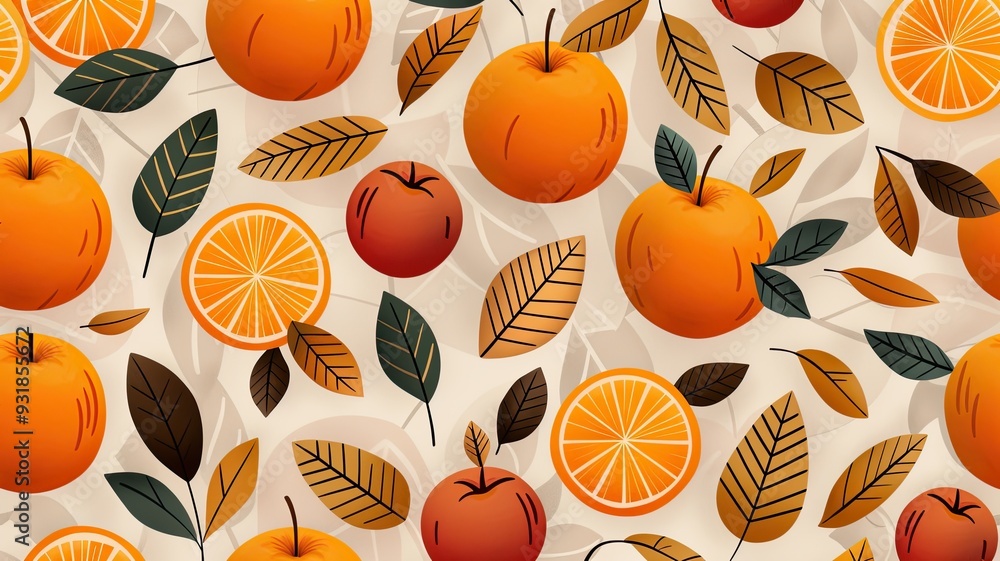 A vibrant pattern featuring oranges, apples, and autumn leaves on a light background, perfect for seasonal decorations. A vibrant pattern featuring oranges, apples, and autumn leaves on a light background, perfect for seasonal decorations.