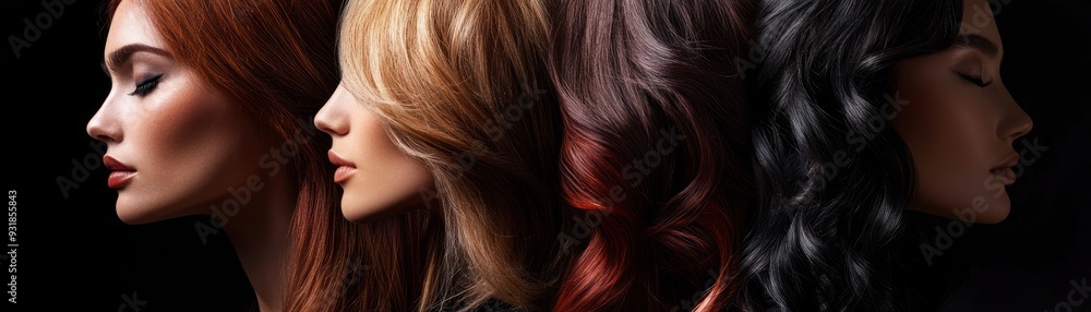 Close-up of four women with different hair colors, eyes closed, and dark background Close-up of four women with different hair colors, eyes closed, and dark background