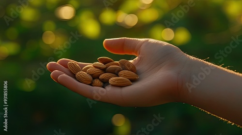 A hand holding a handful of raw almonds against a blurred green nature background photo