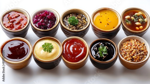 Bowls filled with various sauces on transparent background.