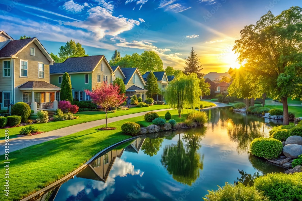 Suburban Serene: Green landscapes, peaceful morning light, calming blue hues, scenic, inviting Suburban Serene: Green landscapes, peaceful morning light, calming blue hues, scenic, inviting