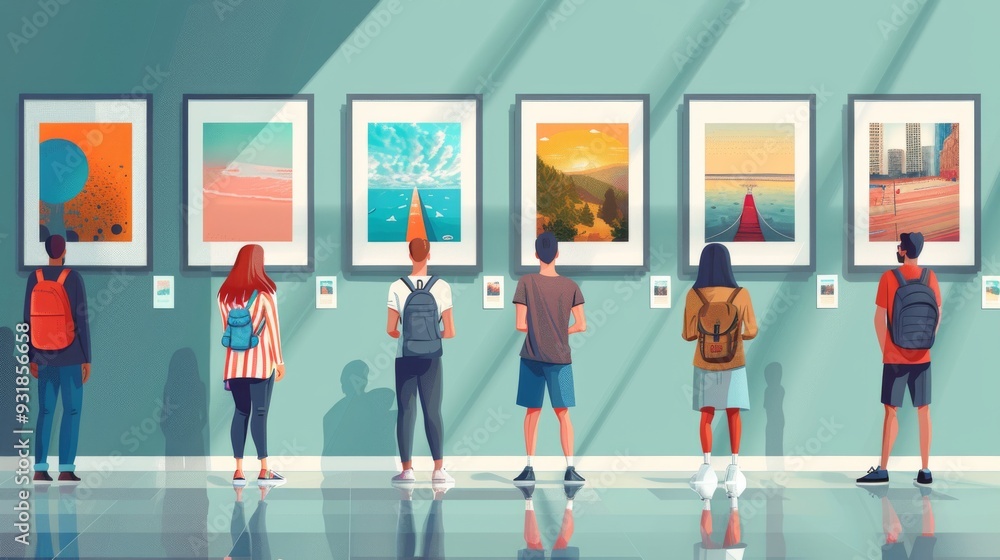 Obraz premium Detailed vector illustration of a photography exhibition, with people admiring framed photographs on display, celebrating the art and creativity of photographers