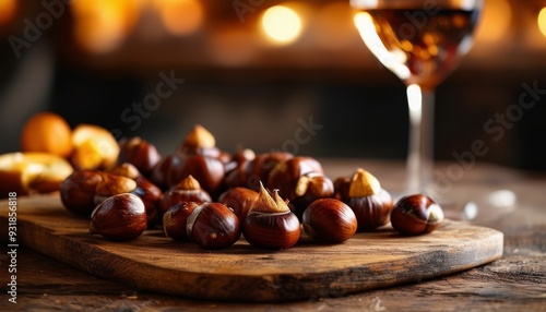 Castañas asadas dispuestas en una tabla de madera junto a una copa de vino en un ambiente rústico, con luces cálidas de fondo. Un aperitivo reconfortante y delicioso, ideal para el otoño.