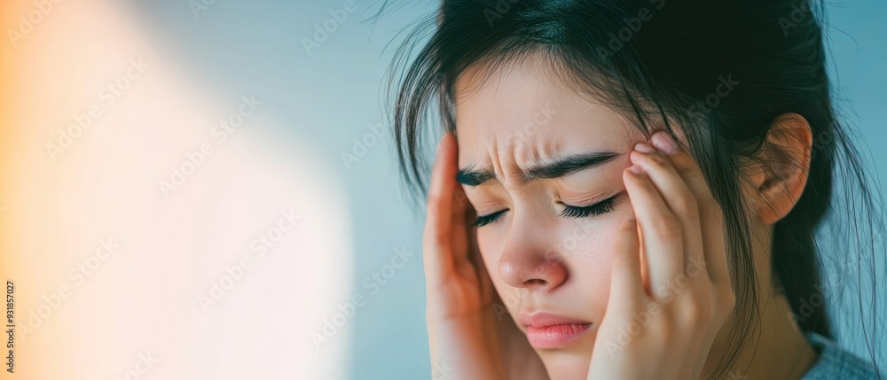 A Close-Up of a Woman Holding Her Temples with a Frown A Close-Up of a Woman Holding Her Temples with a Frown