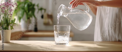 Pouring Water from a Glass Pitcher into a Glass